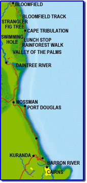 Map of Tropical North Queensland showing the stops during a tour with Suncoast Safaris